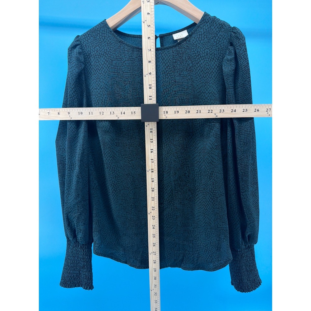 A New Day Teal Green Snakeskin Print Smocked Cuff Puff Sleeve Blouse Small - Picture 5 of 5